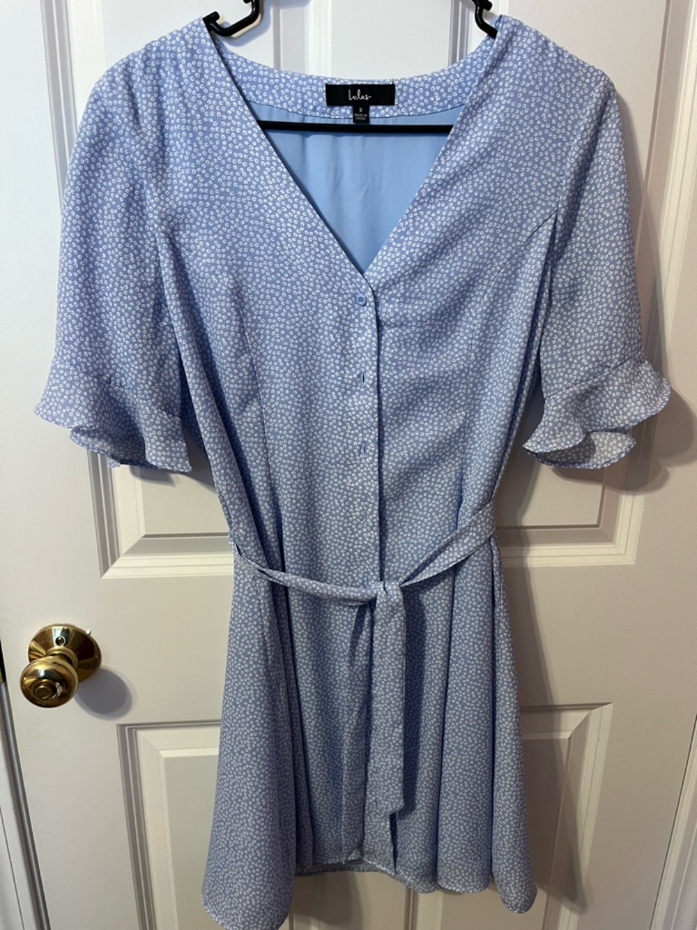 Lulu's Powder Blue Floral V-Neck Tie-Waist Mini Dress